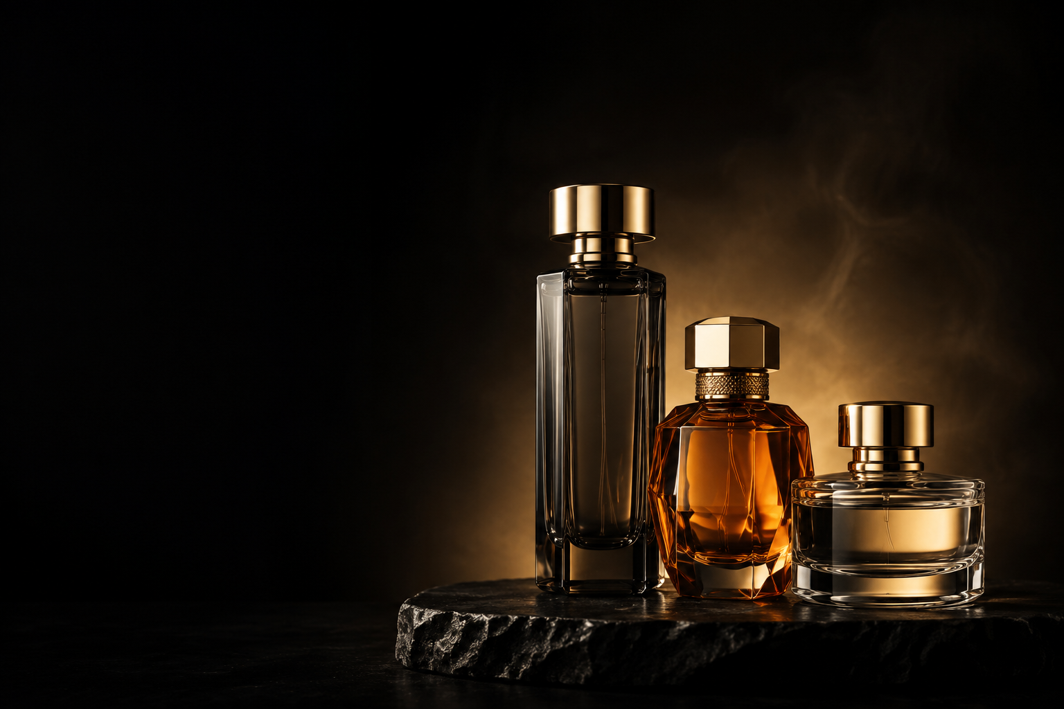 Composição editorial com frascos de perfume em tons de âmbar e dourado